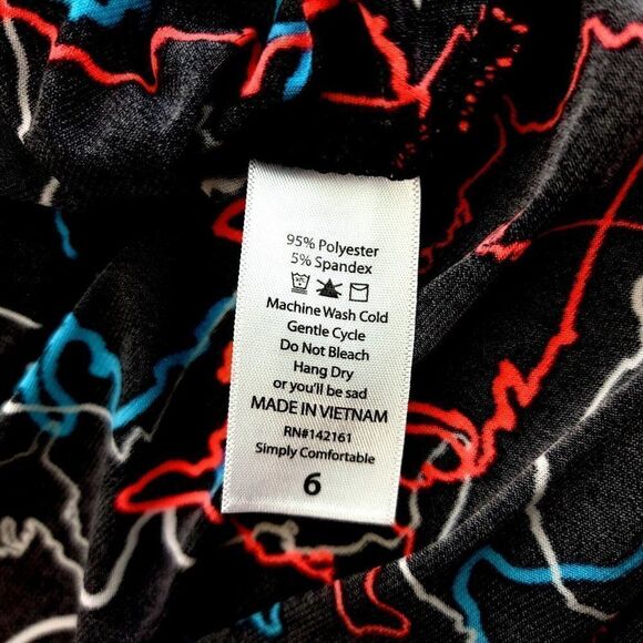 LuLaRoe Black Abstract Print Neon Blue Red Shirt Dress Polyester Spandex 6 - Picture 5 of 6